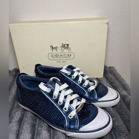 Coach Women's EUC Navy Blue Sequin Sneakers with white trim. Size 6 - Picture 1 of 15